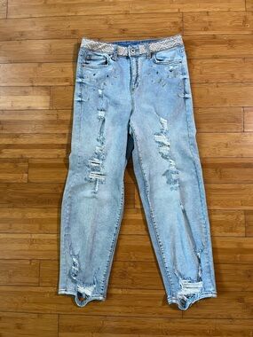 INC International Concepts Beaded & Sequins Detail Distressed Straight-Leg Jeans